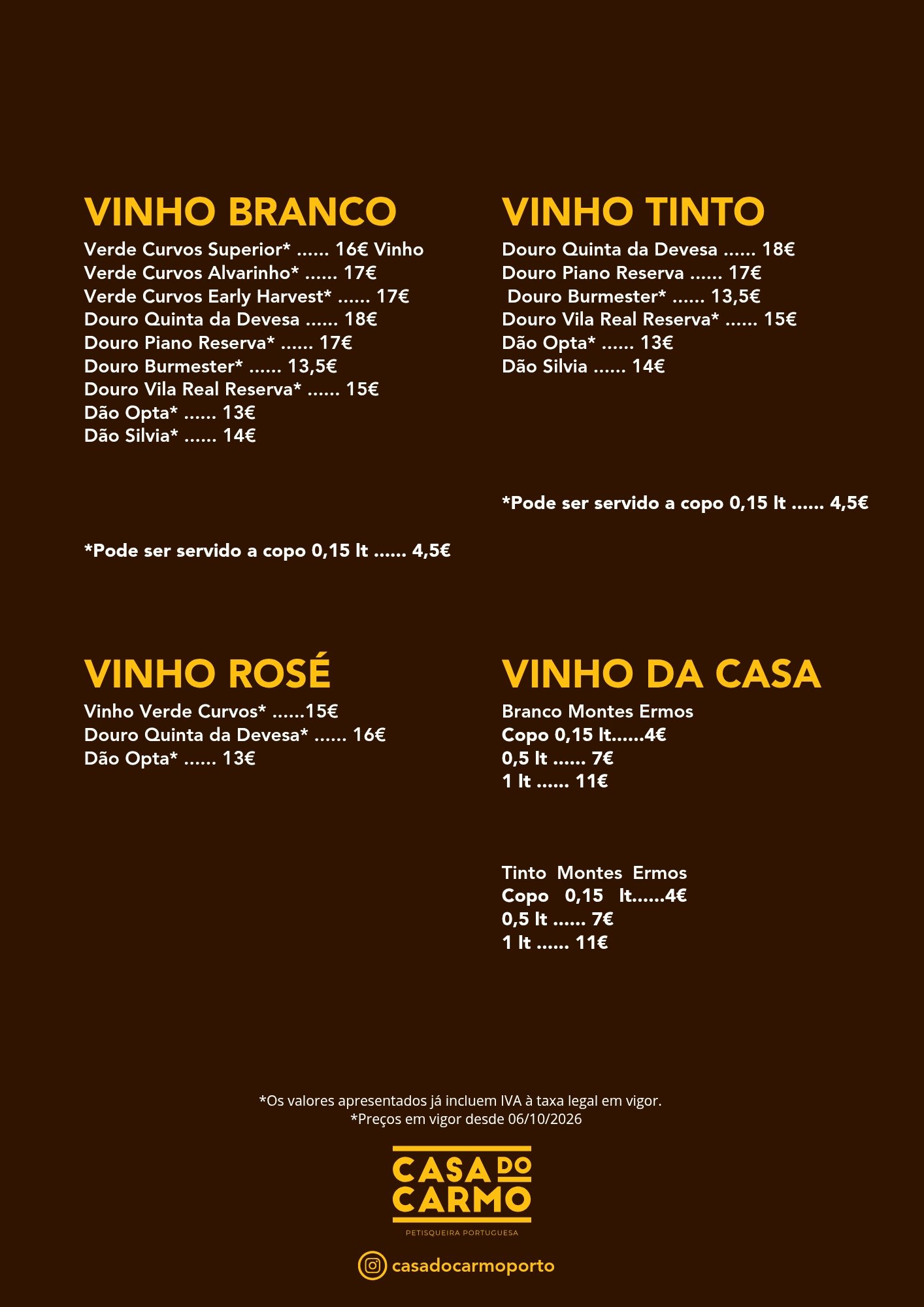 Portuguese wine menu with four wine categories, prices, and Casa do Carmo branding on a brown background.