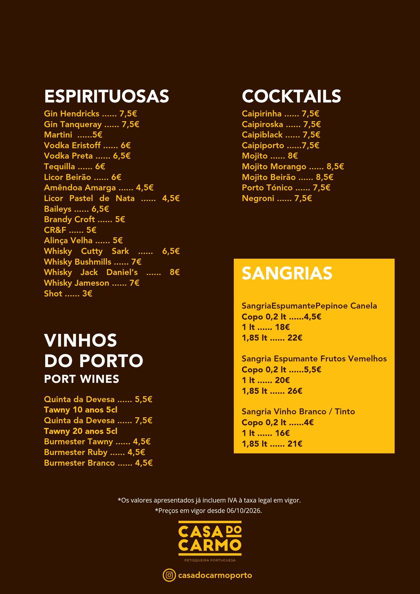 Portuguese drinks menu with spirits, cocktails, port wines, and sangrias in white and yellow text.