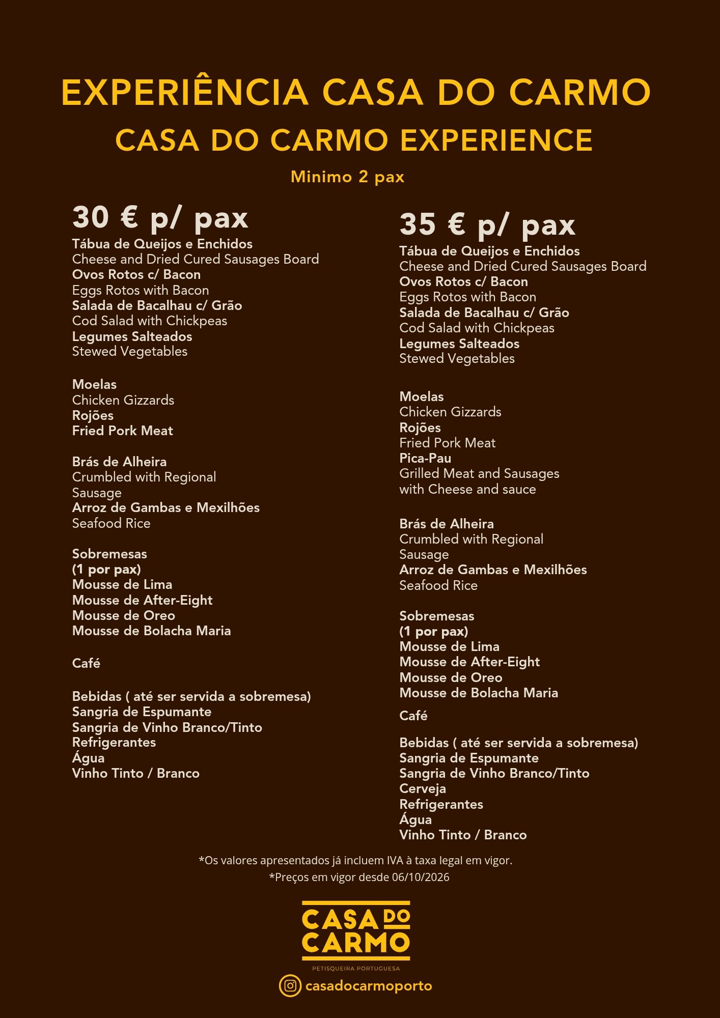 Bilingual Casa do Carmo menu poster with two pricing columns on a dark brown background.