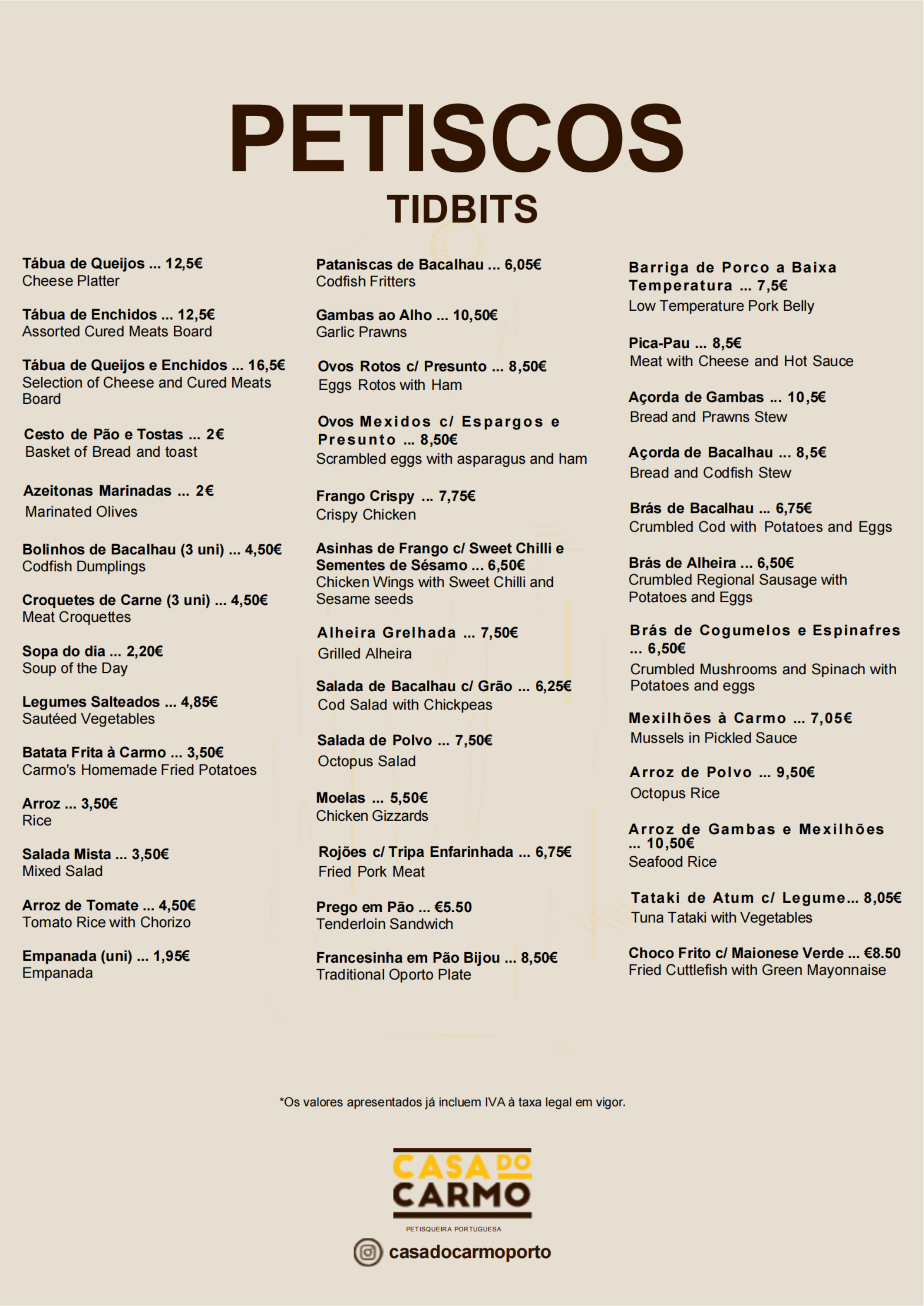 Three-column Portuguese restaurant menu with beige background, dark text, and “PETISCOS TIDBITS” heading.